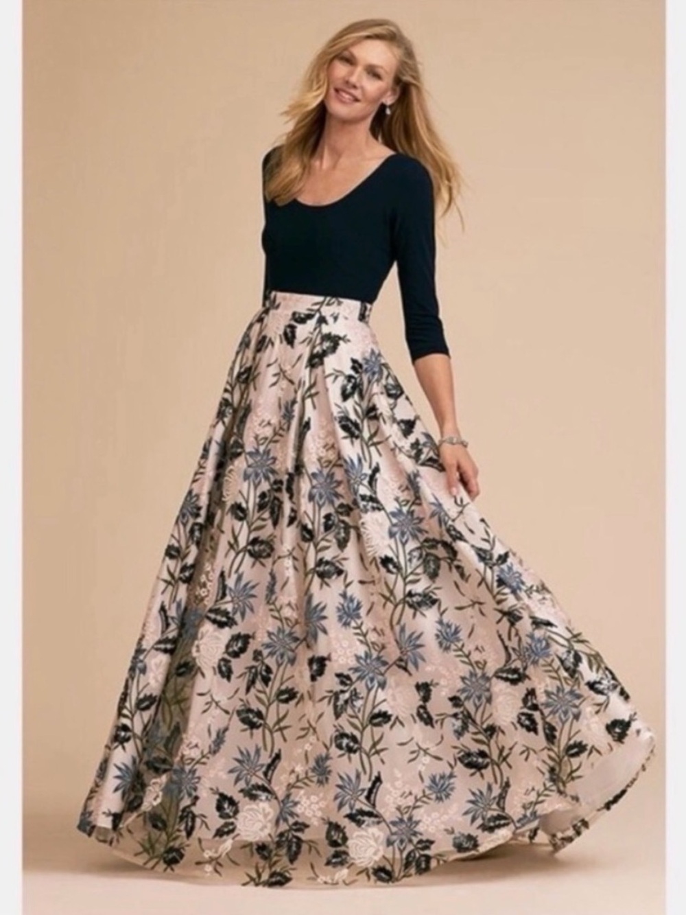 Anthropologie BLDN Gianni Floral Maxi Dress with Blue and Black Embroidery